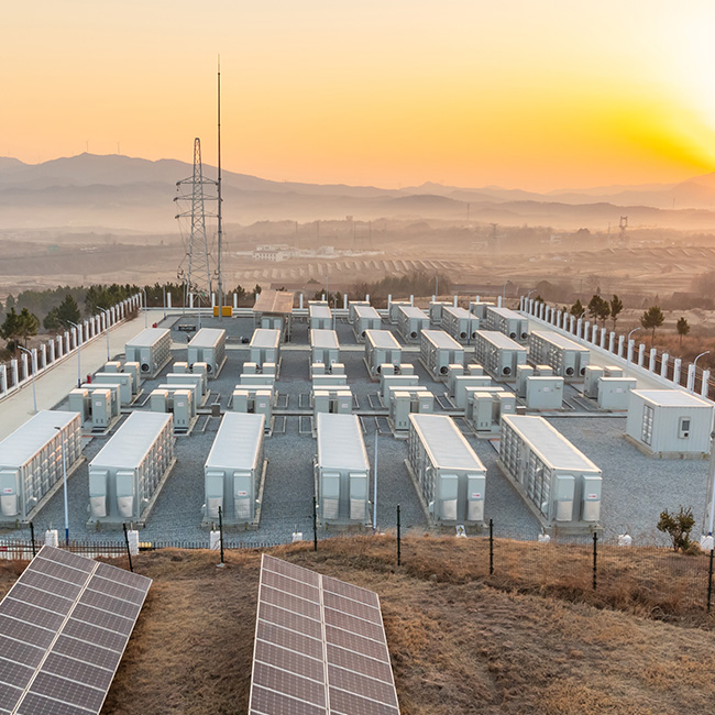 Große Batteriespeicheranlage mit Solarpanels im Vordergrund bei Sonnenaufgang, eingebettet in eine hügelige Landschaft.