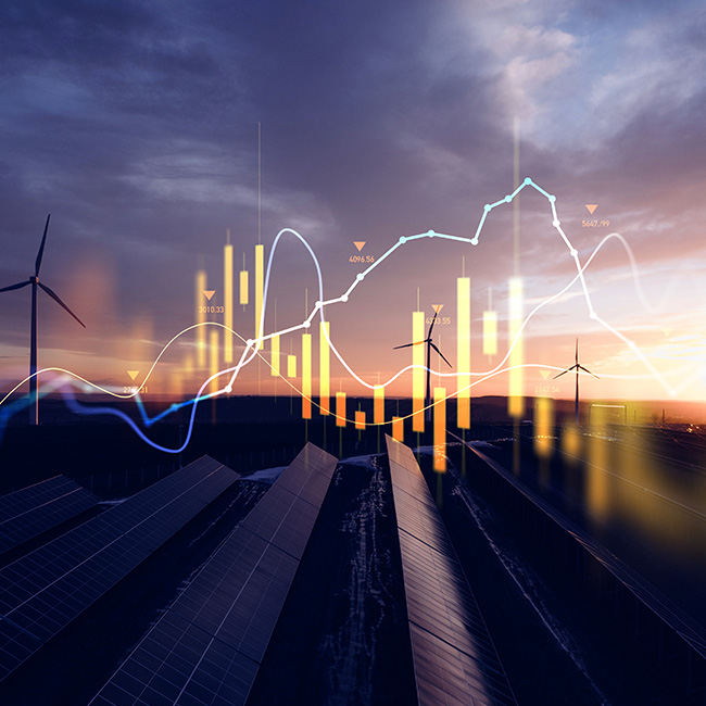 Windräder bei Sonnenuntergang mit eingeblendeten Finanz- und Energiedaten in Form von Diagrammen und Kurven.