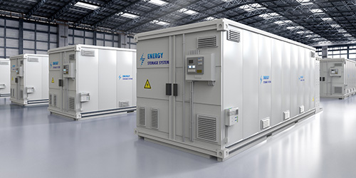Große Batteriespeicheranlage in heller Industriehalle, bestehend aus weißen Container-Modulen mit Steuerungseinheiten und Warnsymbolen, umgeben von moderner Infrastruktur.
